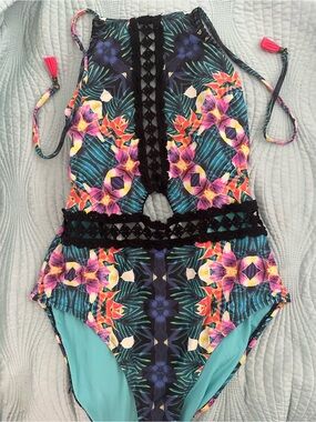 Kids Floral One-Piece Swimsuit with Black Crochet Trim - Teal/Multi